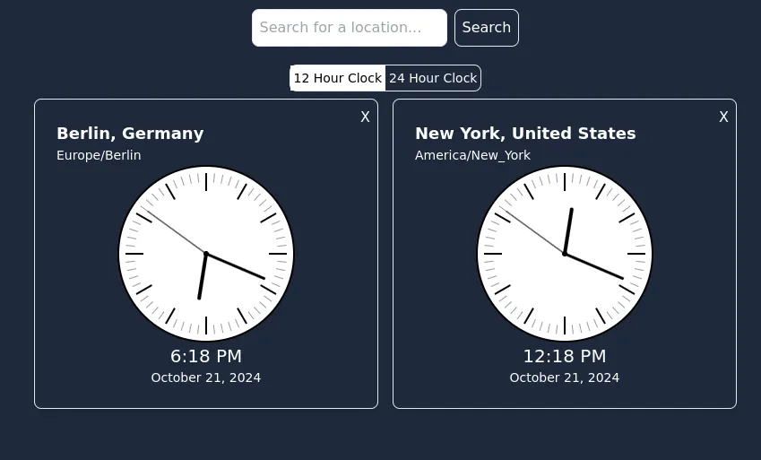 Two clocks, one showing New York time and the other Berlin time