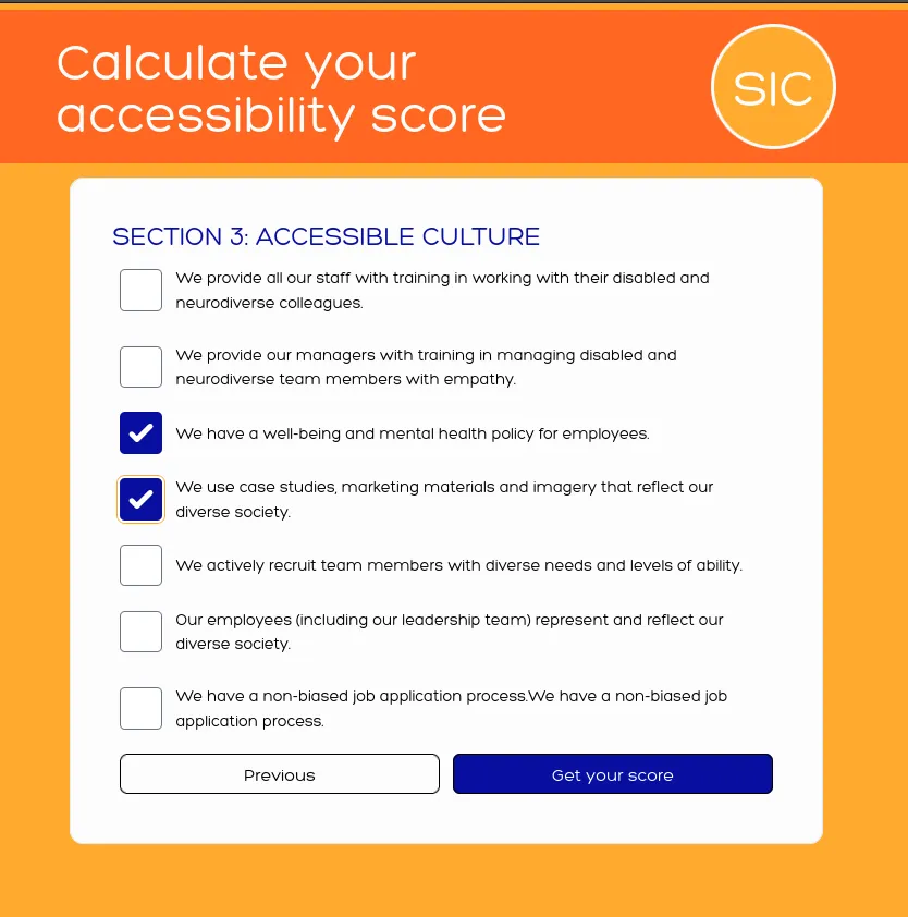 A list of items in an accessibility survey